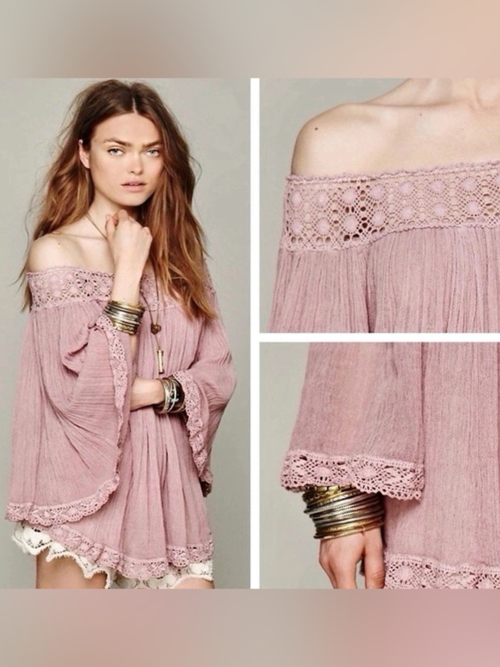 JensโPirate Booty and Free People Pink Cotton Crochet Trim Gauze Tunic Like New
